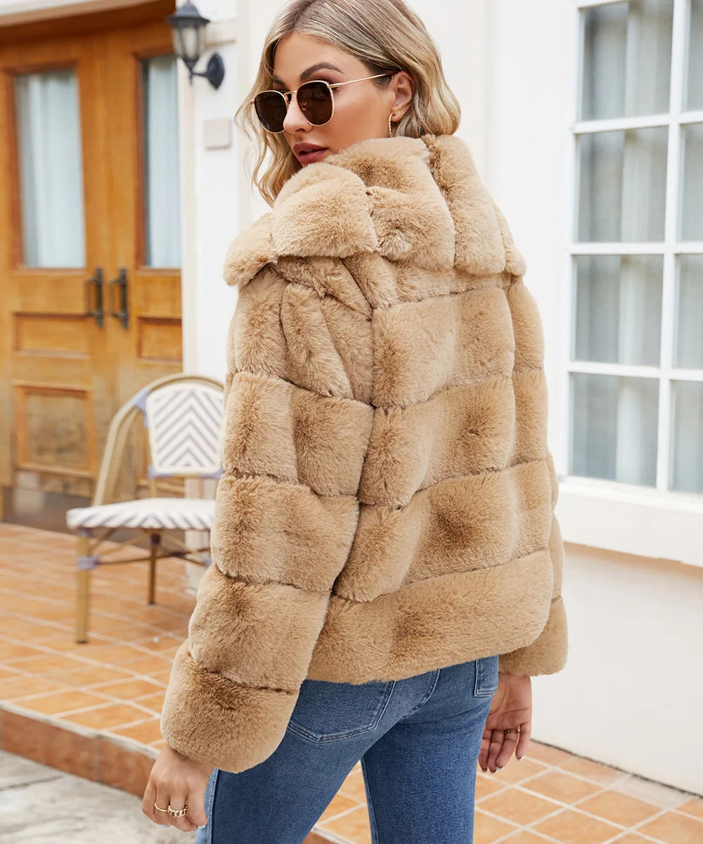 2026 Autumn Winter Turndown Collar Faux Fur Coat Women Casual Long Sleeve Fluffy Plush Jacket Khaki Thick Fake Fur Warm Cardigan