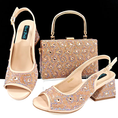 Queena Yan Square Heel Shoes! Hand-held Three-Dimensional Bag and Shoes Set From the Same Series/Open Toe Shoes and Evening Bag