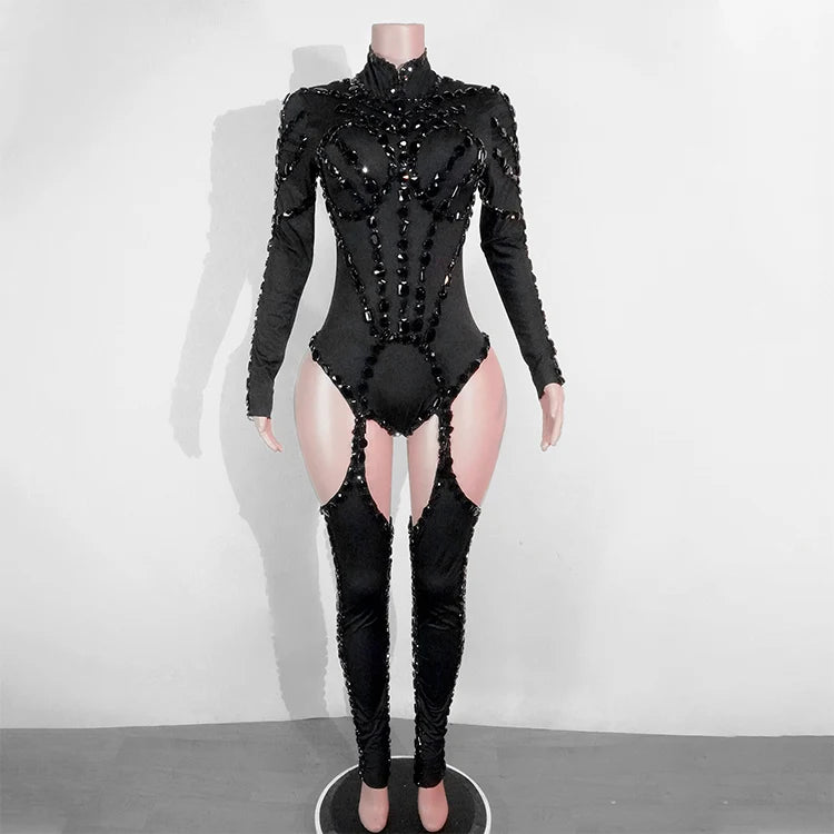 Drag Queen Outfit Sparkly Black Hollow Sexy 2 Piece Crystal Women Evening Prom Celebrate Birthday NightClub Performance Costume