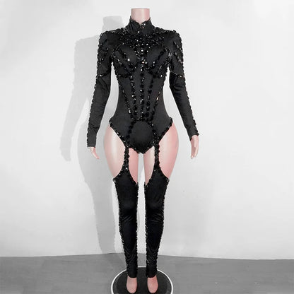 Drag Queen Outfit Sparkly Black Hollow Sexy 2 Piece Crystal Women Evening Prom Celebrate Birthday NightClub Performance Costume
