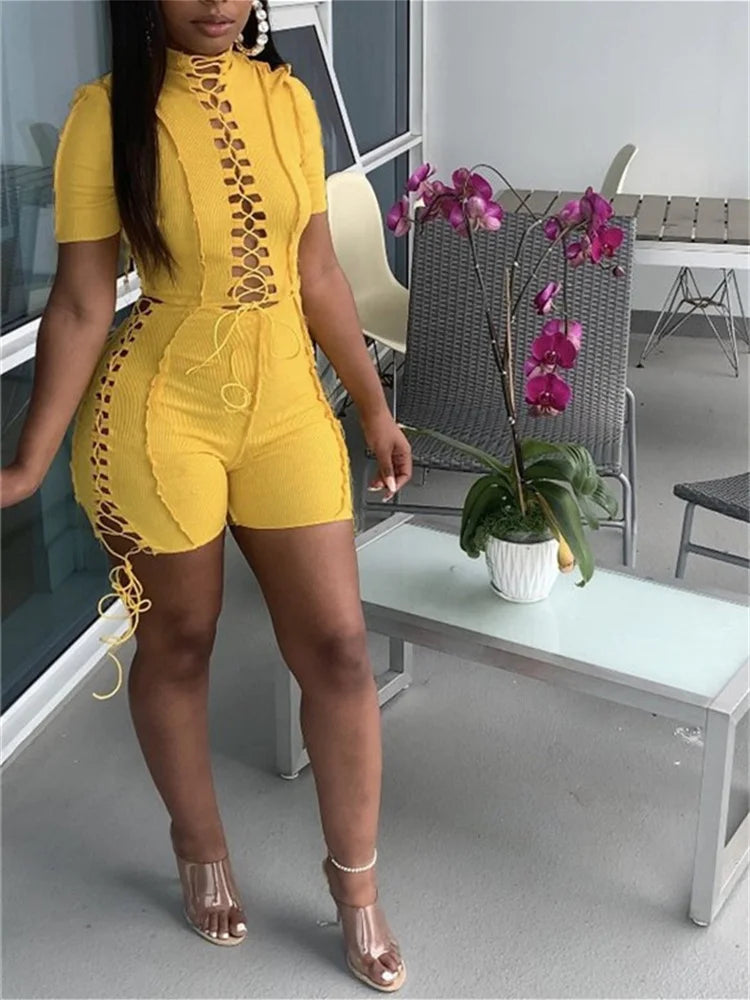 Wholesale Streetwear Jumpsuit Women 2023 One-pieces Outfits Rompers Summer Green Short Sleeve Bodycon Casual Bandage Playsuits