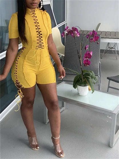 Wholesale Streetwear Jumpsuit Women 2023 One-pieces Outfits Rompers Summer Green Short Sleeve Bodycon Casual Bandage Playsuits