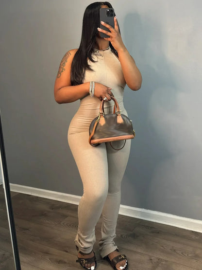 FAGADOER Casual Solid Bodycon Sporty One Pieces Jumpsuits Women Halter Sleeveless Backless Slim Playsuits Female Stacked Overall