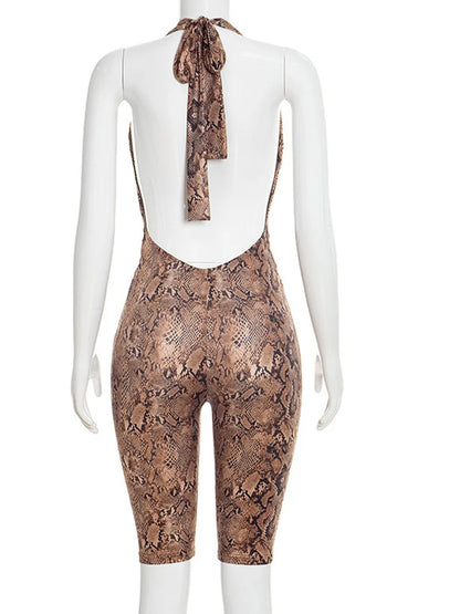 Beyprern Sexy Animal Print Halter Bandage Short Jumpsuit Women Backless Bodycon Rompers Streetwear One Pieces Playsuit