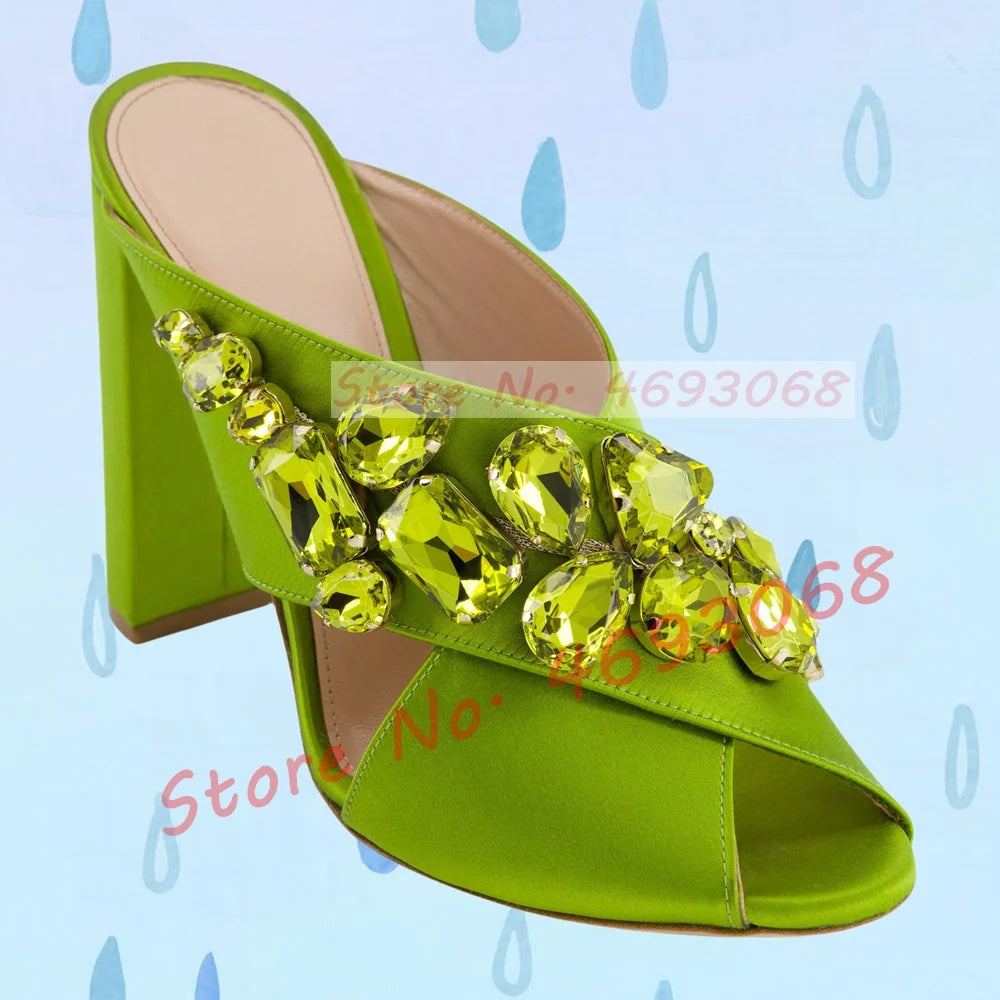 Gems Silk Chunky High Heels Slippers Women Luxury Cross Strap Rhinestone Mules Ladies Stylish Summer Bling Open Toe Party Shoes