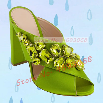 Gems Silk Chunky High Heels Slippers Women Luxury Cross Strap Rhinestone Mules Ladies Stylish Summer Bling Open Toe Party Shoes