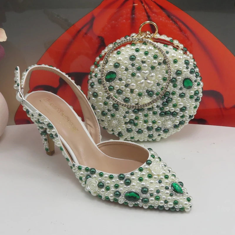 BaoYaFang Green Pointed Toe Pearl Bridal Wedding Shoes and Bag Thin Heel Slingbacks Female Ladies Party Shoe Shallow Women Shoes