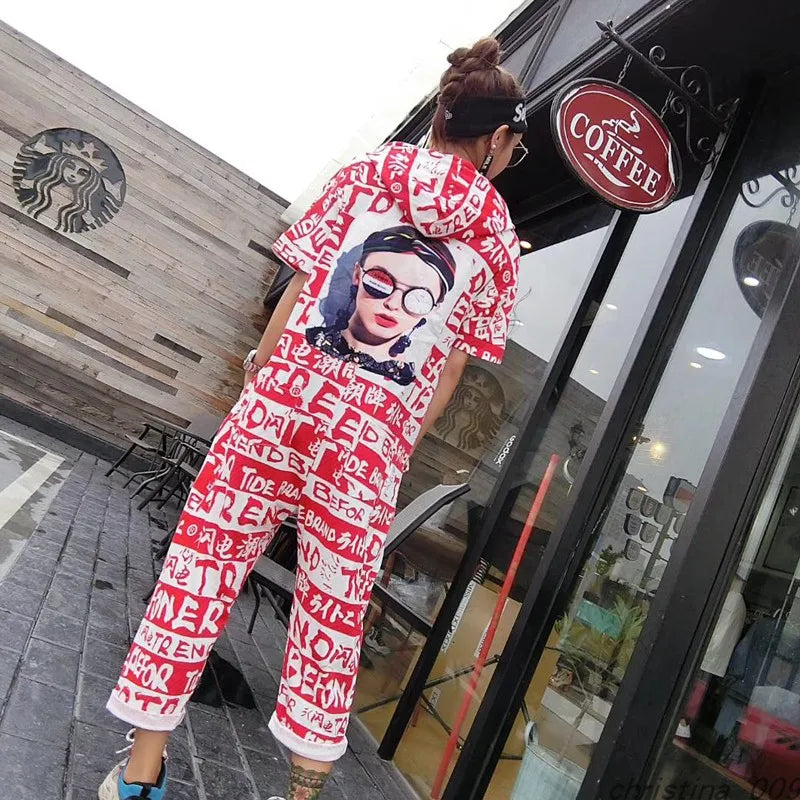 New Women Cartoon Graffiti Printing One Piece Overalls Mandarin Collar Short Sleeve Jumpsuit Hip Hop Design Rompers Baggy Pants