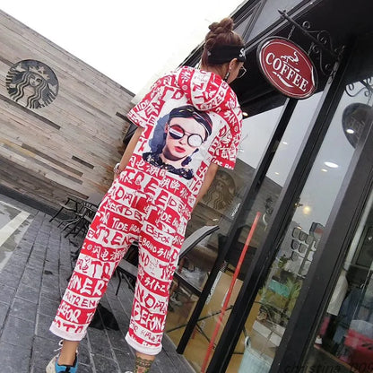 New Women Cartoon Graffiti Printing One Piece Overalls Mandarin Collar Short Sleeve Jumpsuit Hip Hop Design Rompers Baggy Pants