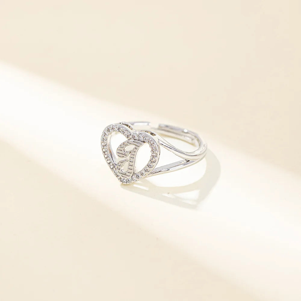 White Zircon 26 Letters A-Z Love Heart Open Adjustable Rings For Women Gold Silver Color Wedding Band Jewelry Mother's Day Gifts