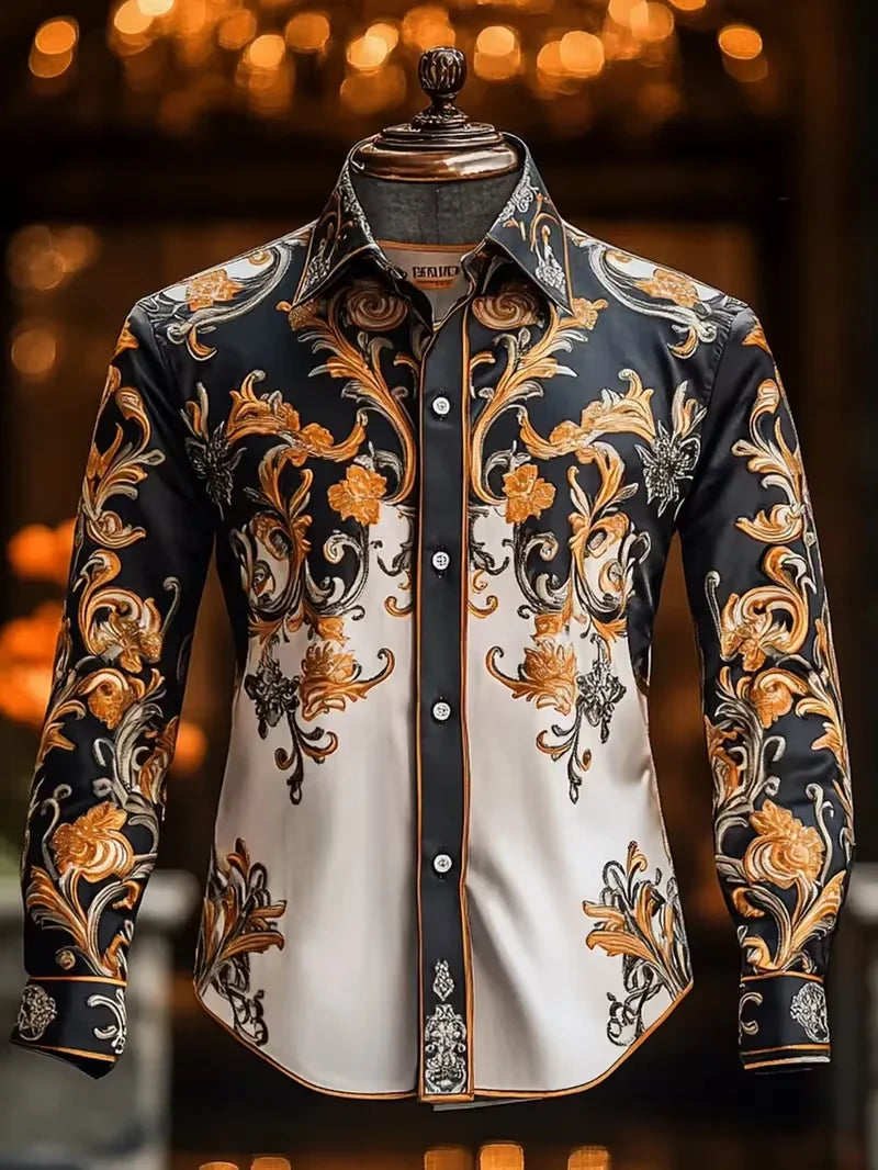 New Men's Purple Gold Phoenix National Style Curly Grass 3D Printed Long Sleeve Shirt Smooth High Gloss Collar Top