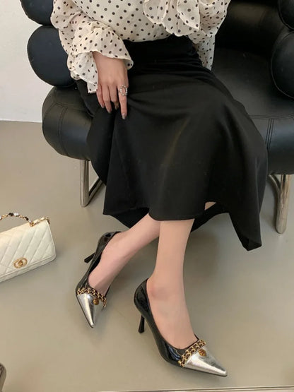Luxury Metal Decoration Design Pumps Women Sexy Splicing Pointed Toe Stiletto Sandals Elegant Banquet Dress Shoes Zapatos Mujer