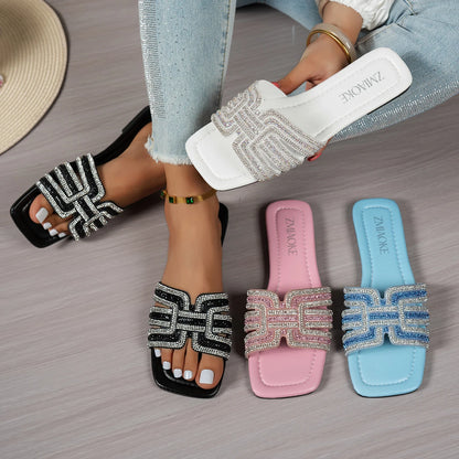 2026 Women Rhinestone Slippers Fashion Non-Slip Shoes Women Outdoor Slippers Designer Square Heel Flat Sandals Slides Women