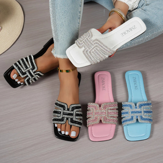 2026 Women Rhinestone Slippers Fashion Non-Slip Shoes Women Outdoor Slippers Designer Square Heel Flat Sandals Slides Women