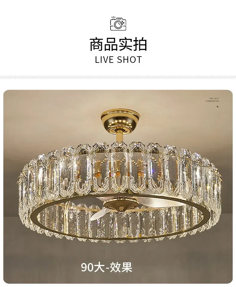 Nordic Luxury Crystal Ceiling Fan Light Modern Minimalist Dining Room Hotel Pendant Lights Living Room Bedroom Silent Fan lamp