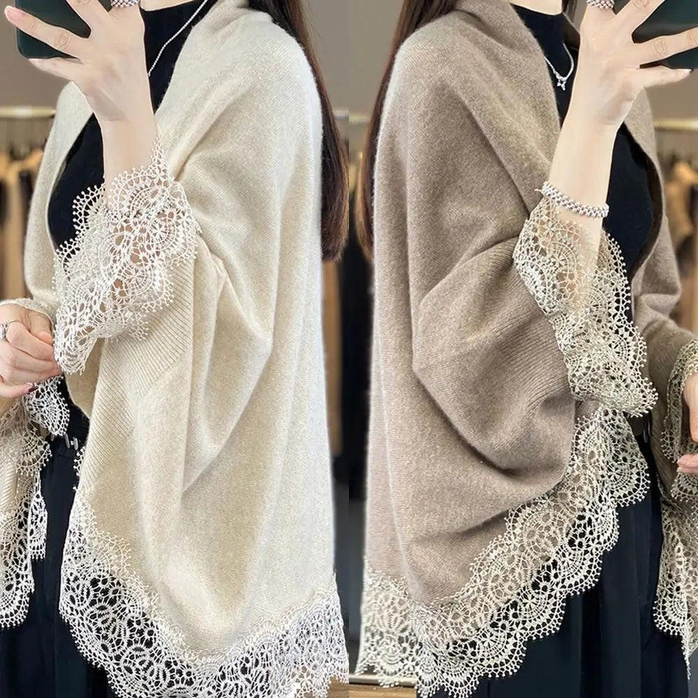 Fashion Women Wool Knitted Shawl Skin Friendly Breathable Lace Edge Scarf Spring Autumn Luxury Brand Design Cloak Shawl