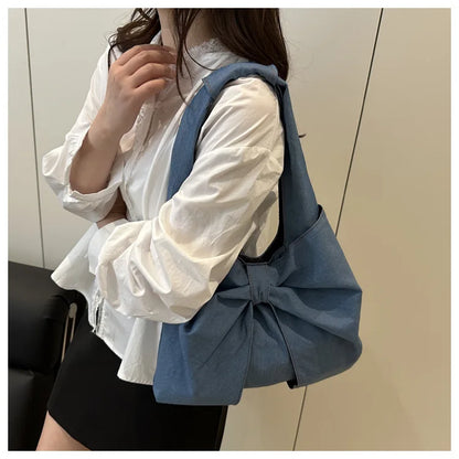 Sweet Bowknot Design Women's Denim Shoulder Bags Commuter Thread Ladies Handbags Casual Lightweight Female Underarm Tote Bag