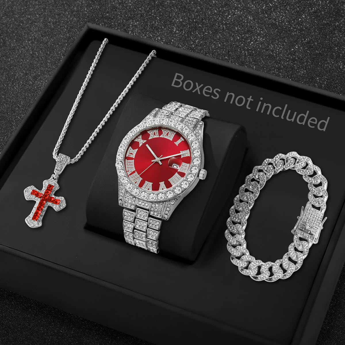 Men Iced Watch Set Red Crystal Cross Necklace Diamond Cuban Bracelet