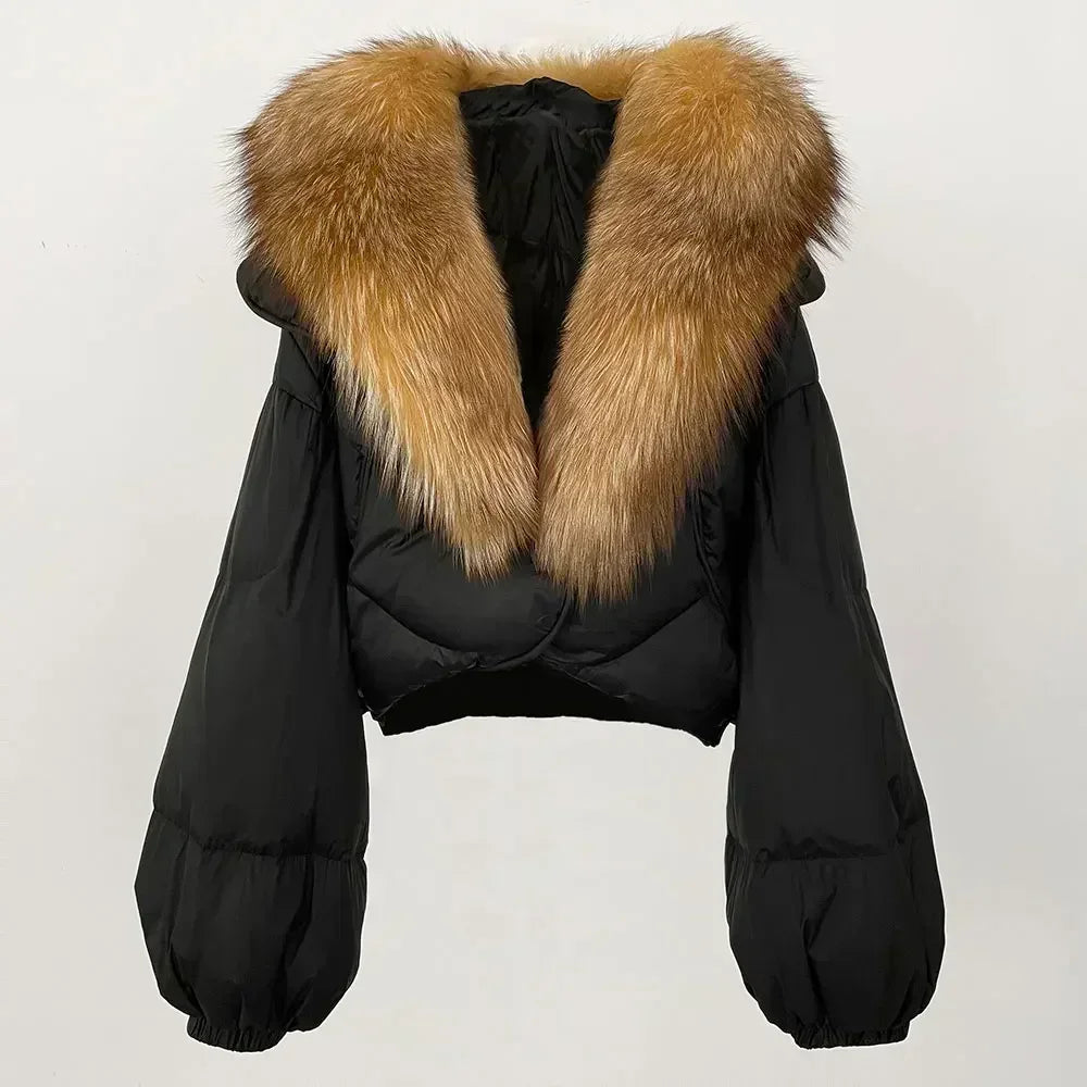 Winter Female White Duck Down Jacket Luxury Loose Short Fashion Casual Women Warm Real Fox Fur Coat Long Sleeve Puffer Jacket