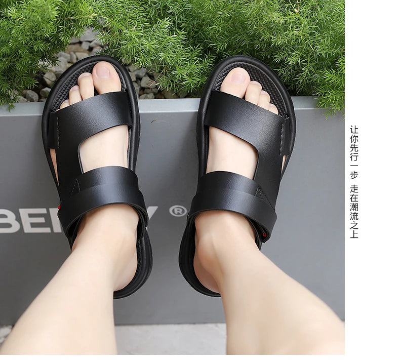Mens Leather Slippers Comfortable Breathable Summer Big Size Sandals for Men with Soft Sole