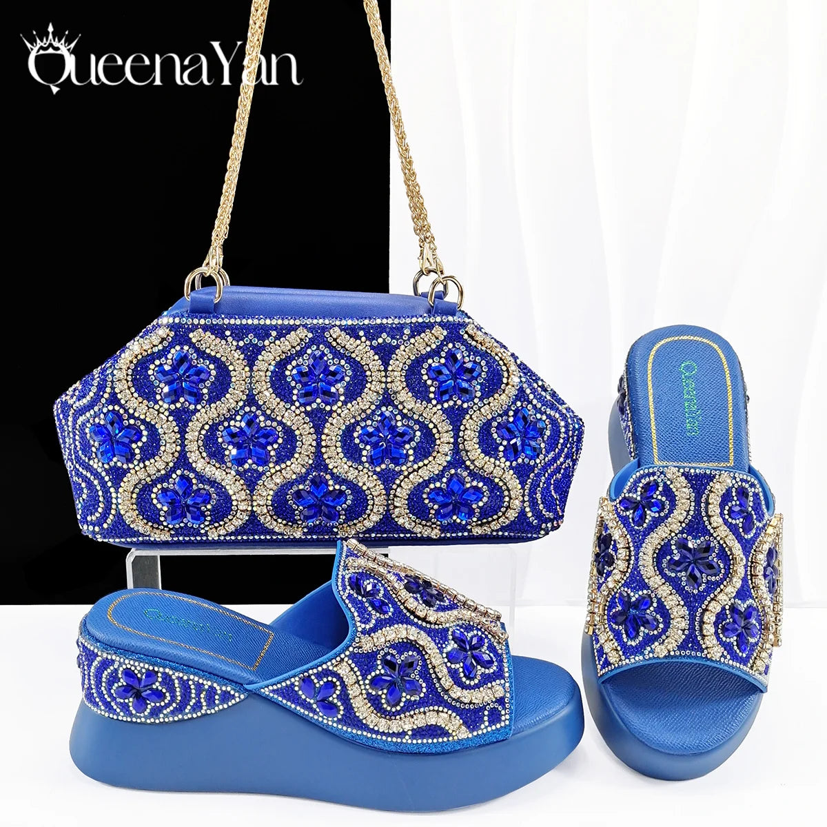 Queena Yan Popularity Open Toe Luxury Fashion Women High Heels Shoes and Bags Set With Rhinestone for Wedding Party Elegant