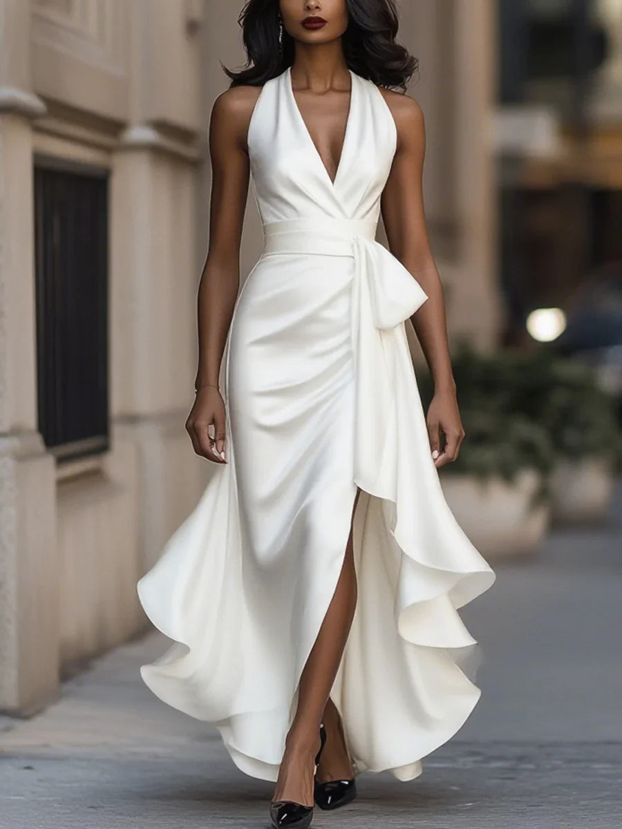 Women's Deep V-Neck Ruffled Evening Gowns Solid Lace-Up High Waist Satin Party Dresses Elegant Temperament Wedding Guests Dress
