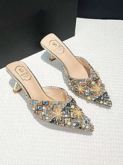 Luxury String Bead Decoration Design Brand High Heel Slippers Women Shiny Rhinestone Slide Sandals Elegant Wedding Bridal Shoes