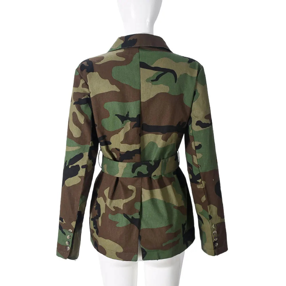 Women Camouflage Coats Belted Jacket Long Sleeves Notch Lapel Collar Single Breasted Slim Streetwear Casual 2025 Spring Autumn
