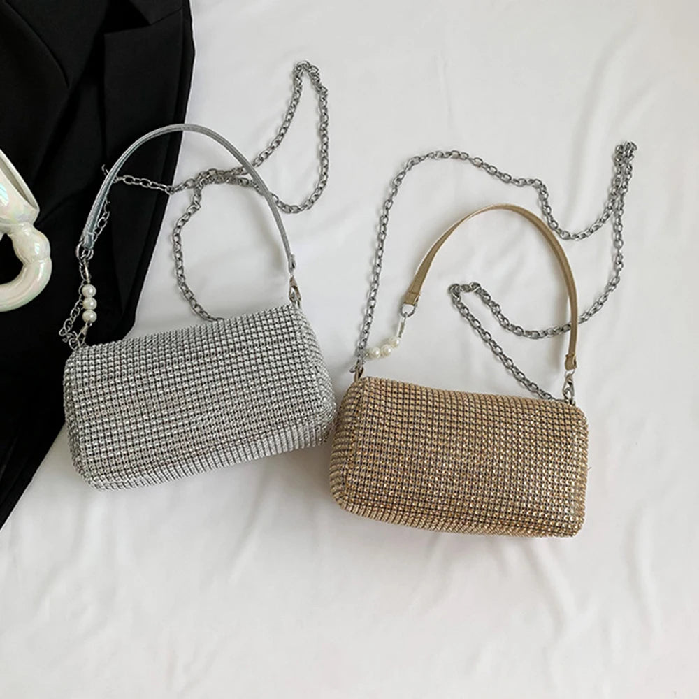 Allover Rhinestone Bucket Bag Waterproof Lightweight Women Crossbody Bag Mini All-match Glitter Chain Prom Purse for Ladies