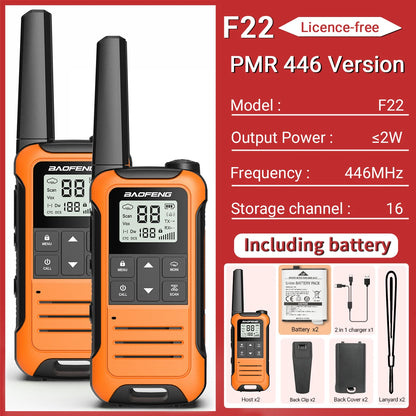 2pcs Baofeng F22/T22 Mini Walkie Talkie PMR Long Range Rechargable Portable Two Way Radio Type-C Charger VOX for Camping Trip