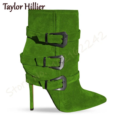 Rose Red Suede Belt Buckle Short Boots Pointed Toe Stiletto Side Zipper Modern Boots Fashion Party Catwalk Luxury Short Boots 46