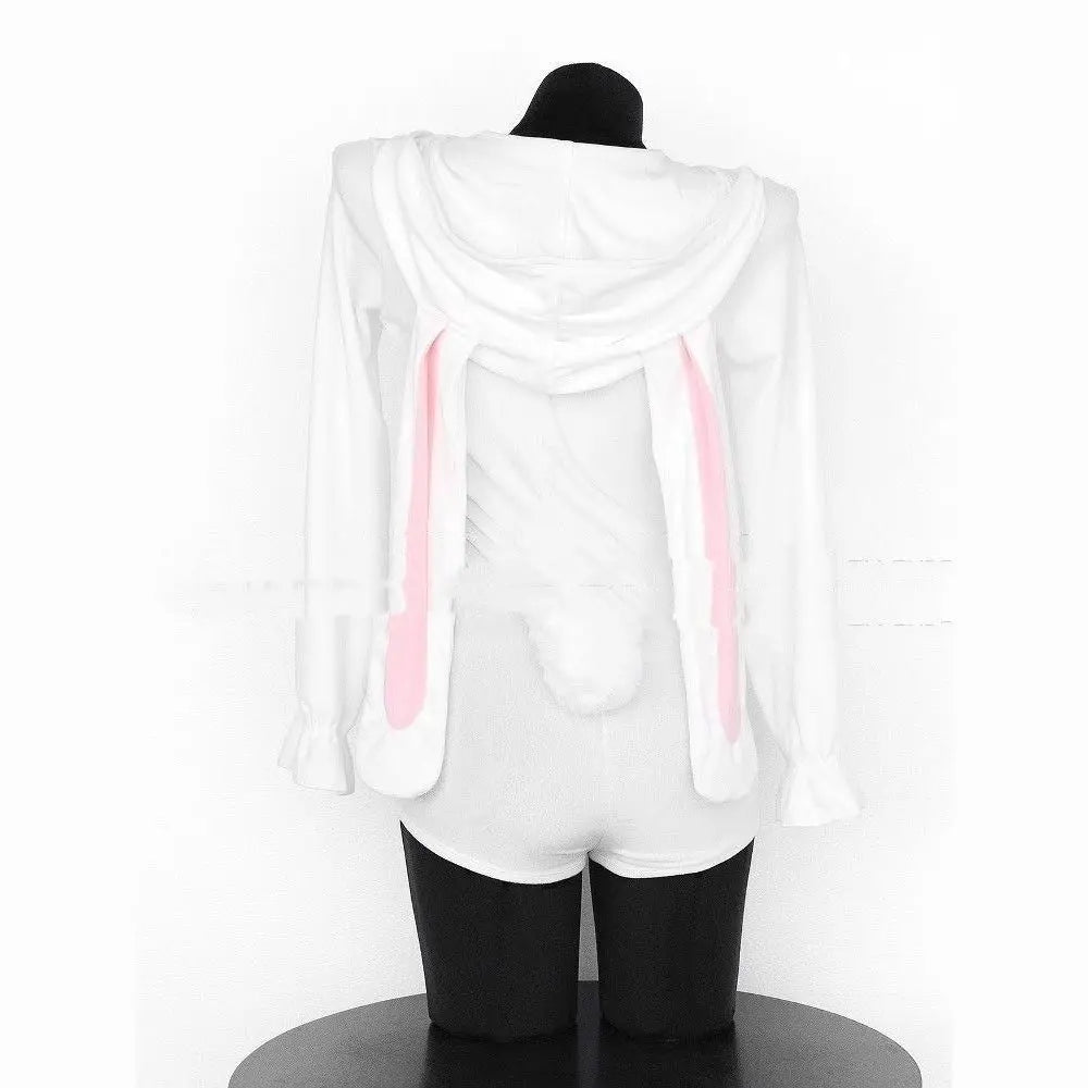 Cute Fluffy Bunny Onesie Women Sweet Plush Loungewear Pajamas Kawaii Hooded Jumpsuit Soft Cozy Homewear Ins Trend Japanese Style