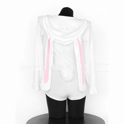 Cute Fluffy Bunny Onesie Women Sweet Plush Loungewear Pajamas Kawaii Hooded Jumpsuit Soft Cozy Homewear Ins Trend Japanese Style