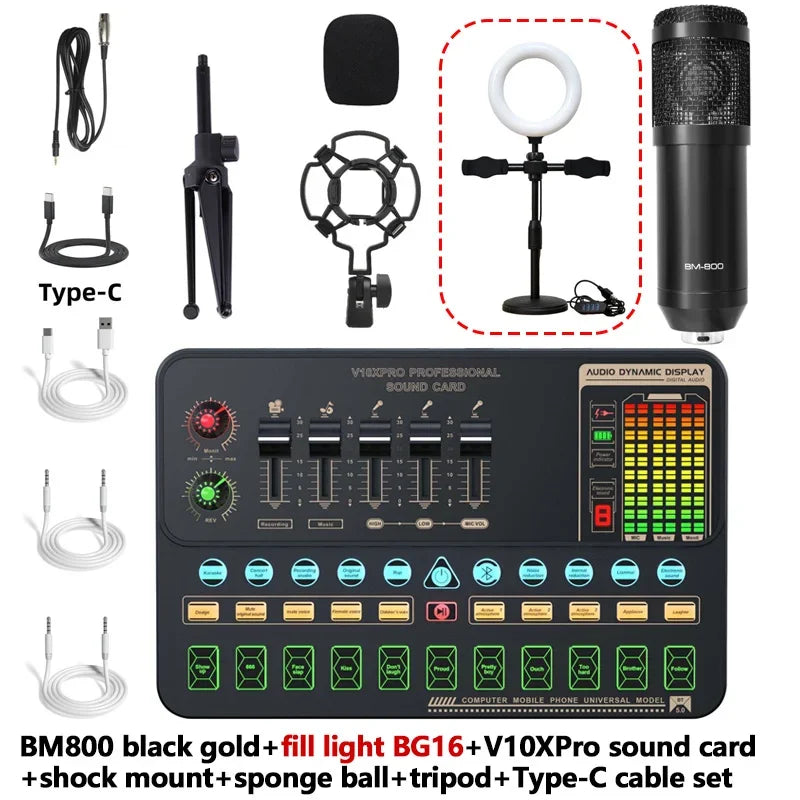 V10XPro Sound Card Studio Mixer Singing Noise Reduction Microphone Voice BM800 Live Broadcast Phone Computer Record V10X Pro set