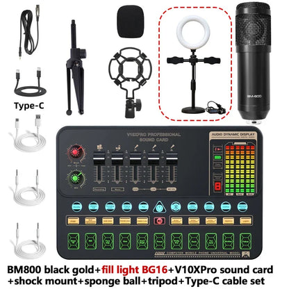 V10XPro Sound Card Studio Mixer Singing Noise Reduction Microphone Voice BM800 Live Broadcast Phone Computer Record V10X Pro set