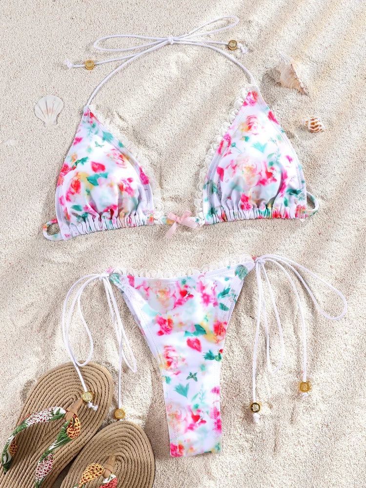 Floral Print Bordered Bikini Set Sexy Swimwear Women 2026 Bikinis Swimsuit Micro Thong Bandage Bathing Suits
