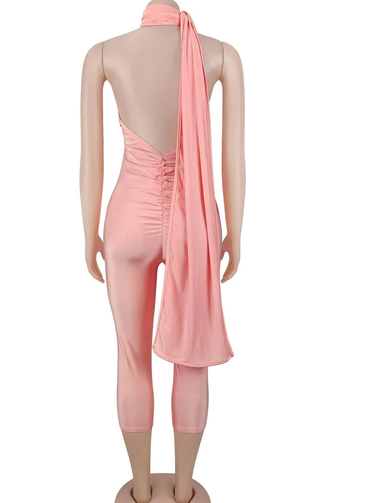 Beyprern Elegant Pink Halter Backless Jumpsuits for Women Sexy Bodycon Jumpsuit Club Party Night Outfits Rompers 2026