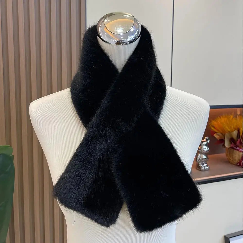 Korean Women Winter Warm Thicken Cross Collar Scarf Imitation Faux Rabbit Fur Scarf Solid Furry Neck Warmer Cold Proof Scarves