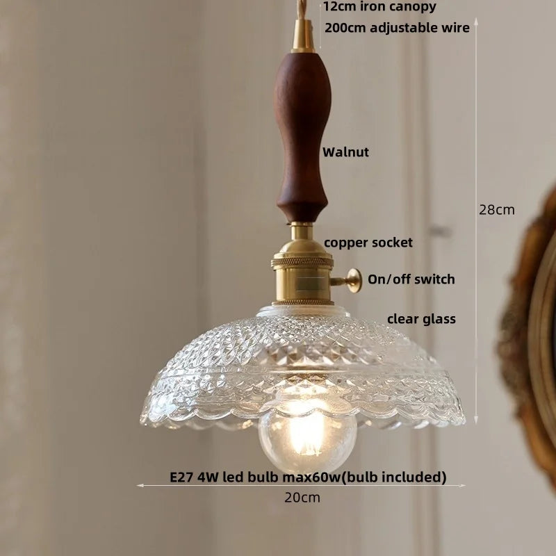 IWHD Home Decor LED Pendant Lights Kitchen Restaurant Copper Socket Flower Green Glass  Nordic Modern Walnut Wood Hanging Lamp