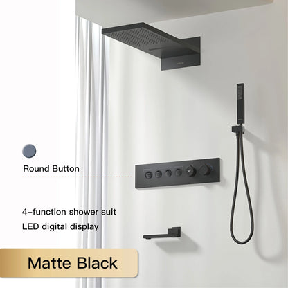 Luxury Black Brass Shower System Wall-Mounted LED Digital Display Design Cold & Hot Dual-Control 4-Function Ceiling Shower Tap