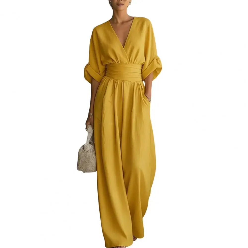 Women's One Piece Jumpsuits Casual V-Neck Short Sleeve Wide Leg Rompers Summer High Waist Beach Vacation Outfits with Pockets