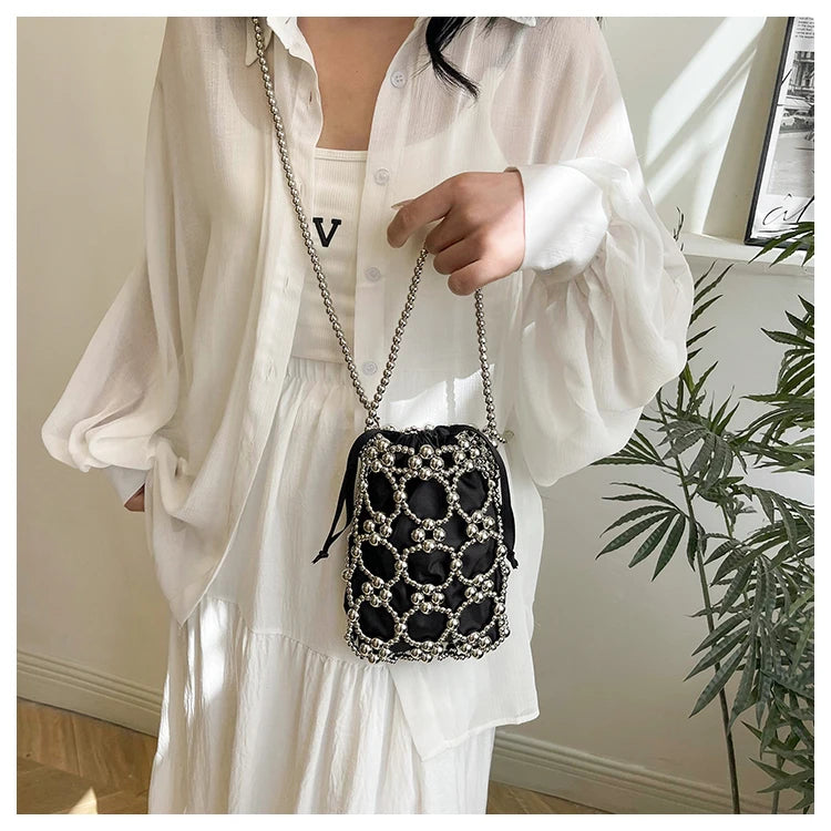 White Beading Bucket Shoulder and Crossbody Bags Exquisite Sense of Luxury Fresh Party Handbags for Women 2024 Fashion on Sale