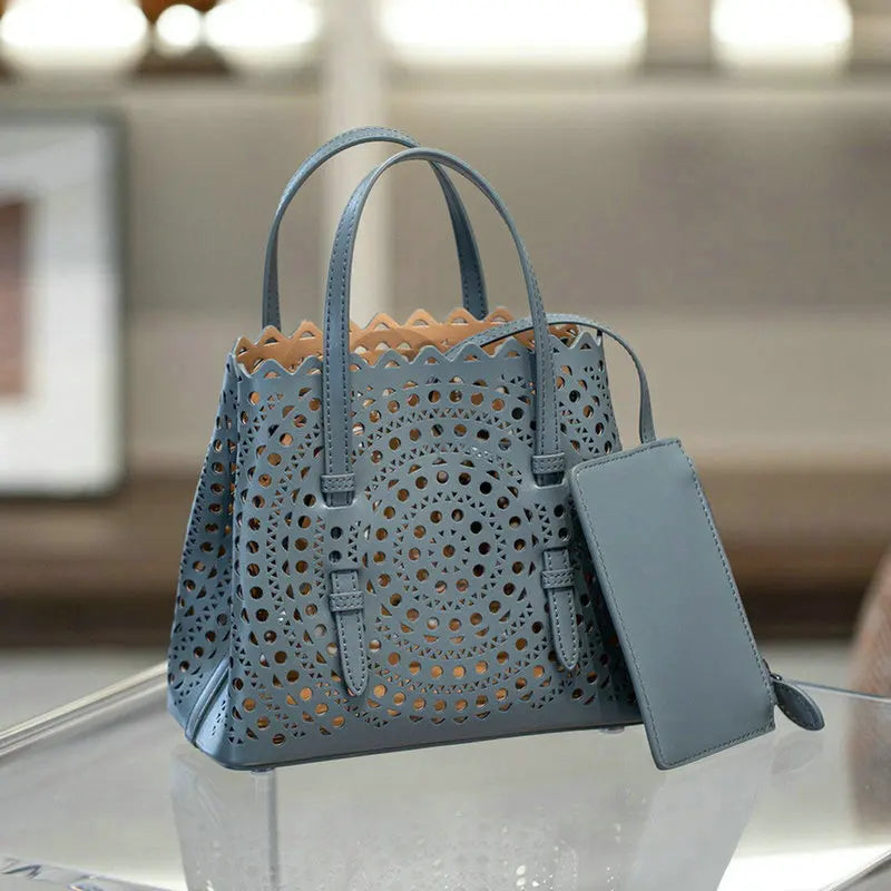 Brand Designer Luxury High Quality Mini Cowhide Shoulder Handbags 2025 Hollow Fashion Large Capacity Genuine Leather Bucket Bag