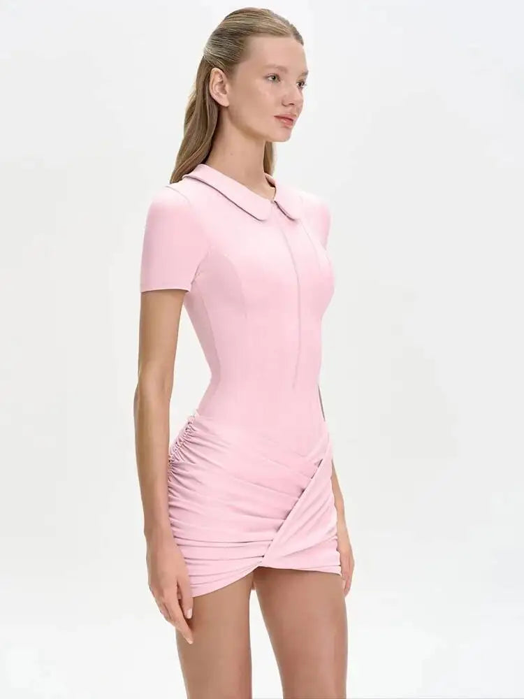 Sibybo Polo Collar Zipper Women Jumpsuits Set Short Sleeve High Elastic Rompers Ruched Bodycon Skirt Spring Casual Matching Sets