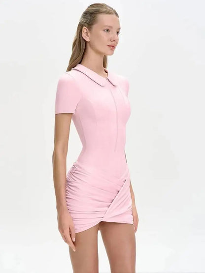 Sibybo Polo Collar Zipper Women Jumpsuits Set Short Sleeve High Elastic Rompers Ruched Bodycon Skirt Spring Casual Matching Sets