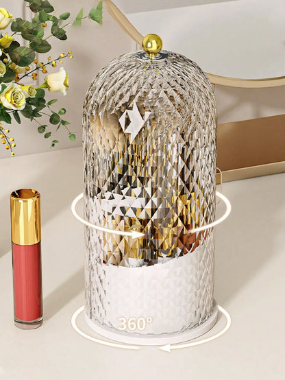Transparent Sliding Door Birdcage Cosmetic Storage Box 360° Rotatable Makeup Brush Organizer Holder Multi Compartment Vanity Storage For Lip Liner Eyebrow Tools Makeup Brushes 1 Piece