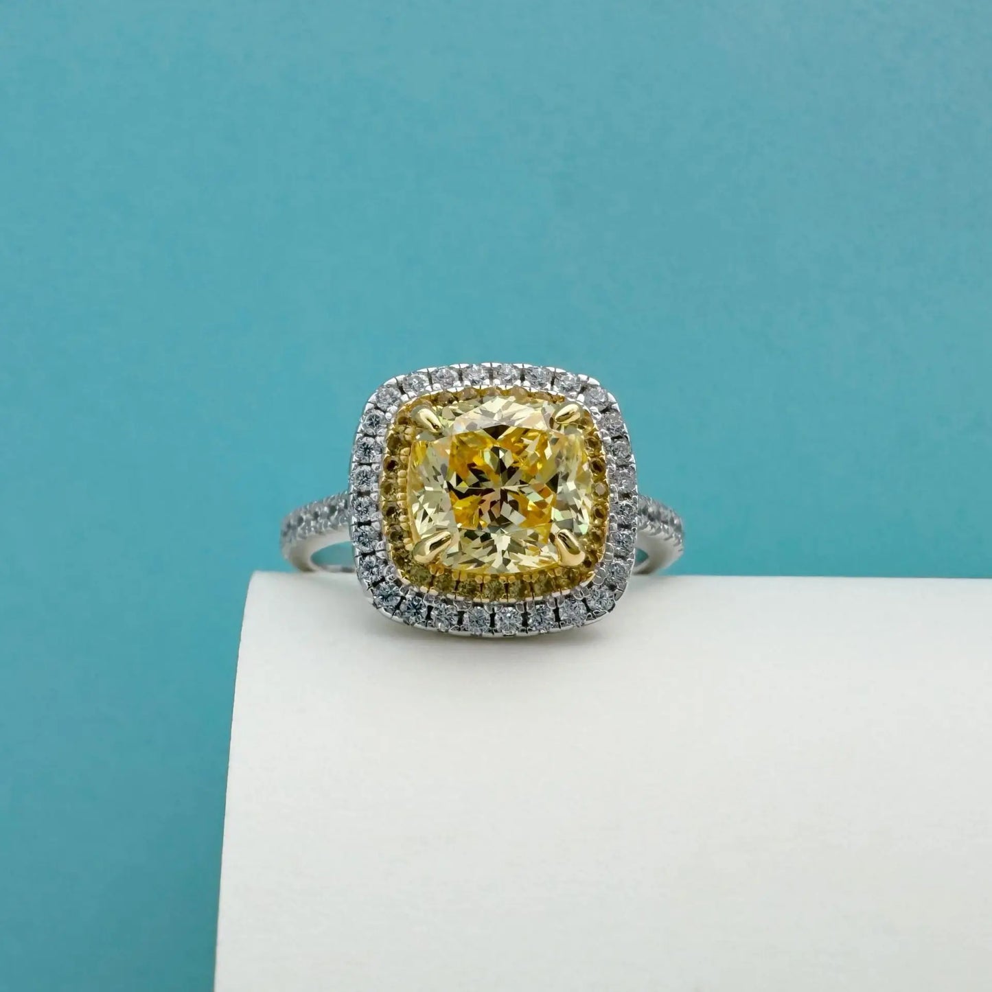 Double ring yellow diamond micro-set ring PT950 platinum, 2.5 carats, women, yellow diamond starlight effect