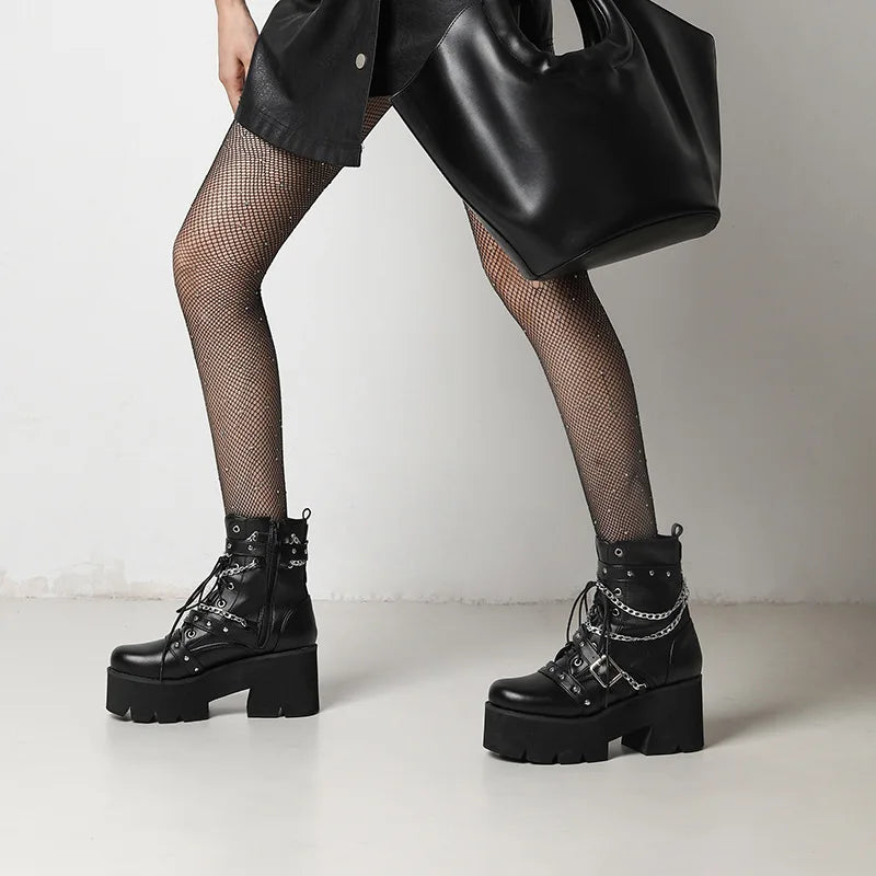 Women's Black Platform Ankle Boots | Punk Chain Accent, Dark Fashion Essential Footwear