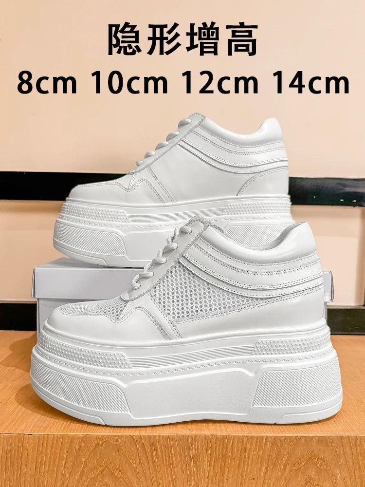 10-14cm Chunky Sneakers Women Platform Shoes Elevator Shoe White Mesh Breathable Sneakers Real Leather Increasing Shoes