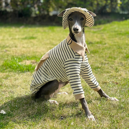 Dog Clothes in Spring Khaki Strips Polo Shirt with Pocket for Italy Greyhound Soft Long Sleeves Cotton Coat Hat Suit for Whippet